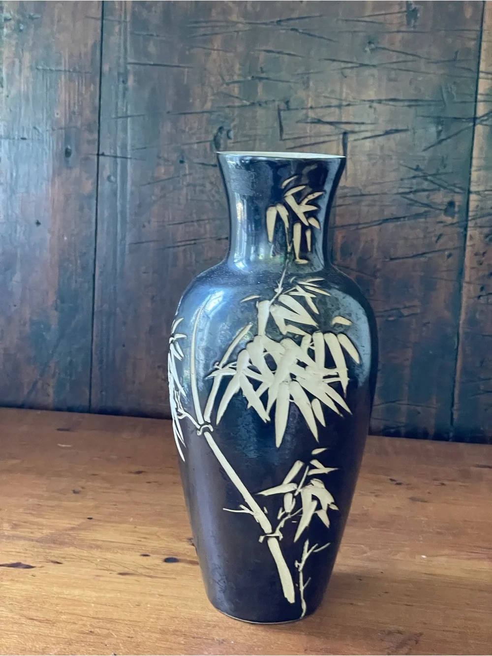 Vintage Mid Century Mod Black With Etched Bamboo Design Japanese Pottery Vase 9”
